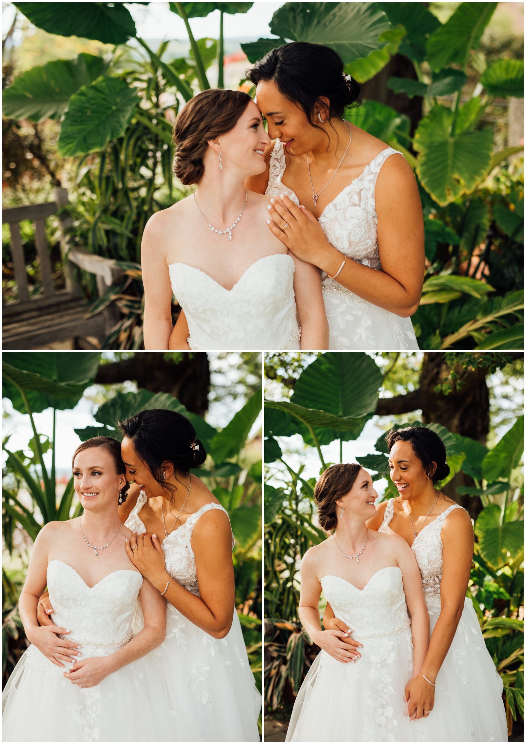 Two brides sharing an intimate portrait at New England Botanic Garden at Tower Hill during their same sex wedding